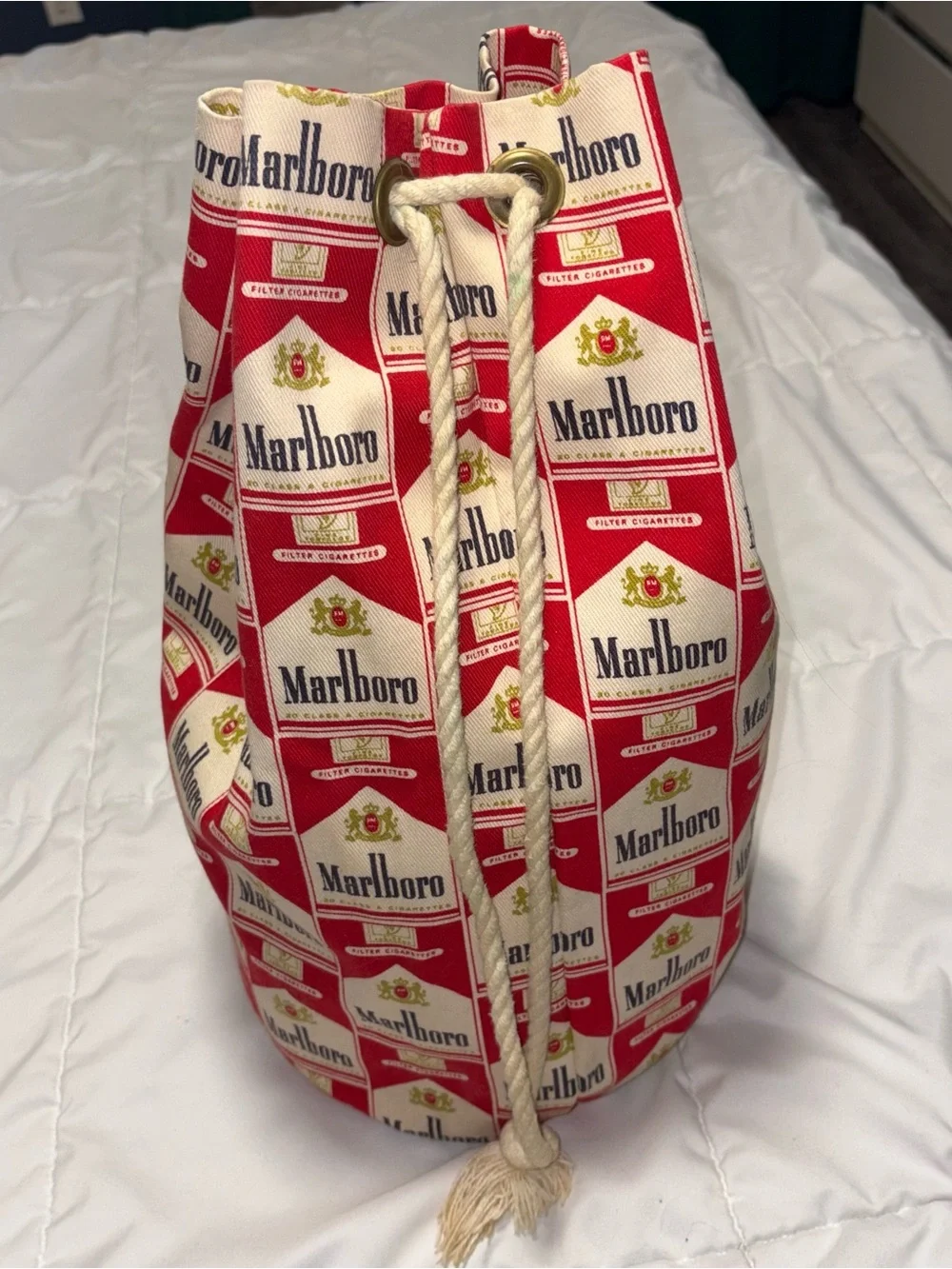 Marlboro Print Red and White Drawstring Bag Vintage Lined